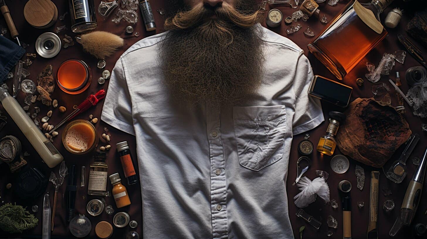 bearded man with stuff in table