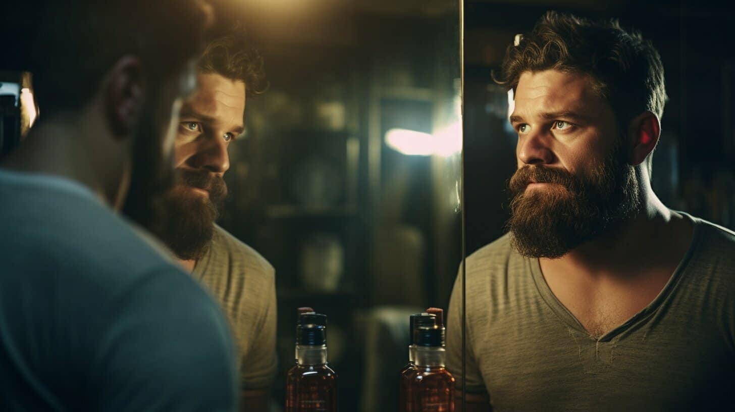 man looking in mirror with beard