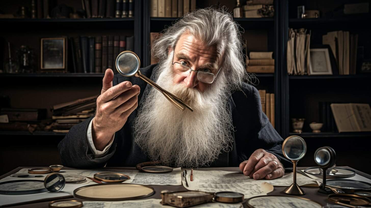old man or wizard inspecting a magnifying glass